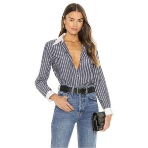 Nili Lotan Hailey Button Down Shirt Navy & White Stripe Cotton Size Large